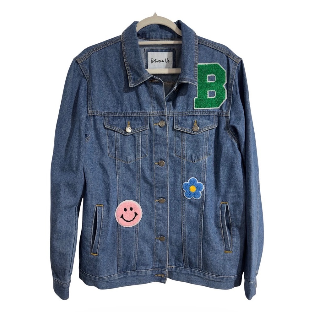 Between Us Women Denim Jacket Blue Patchwork Smiley Flower Varsity Letter L